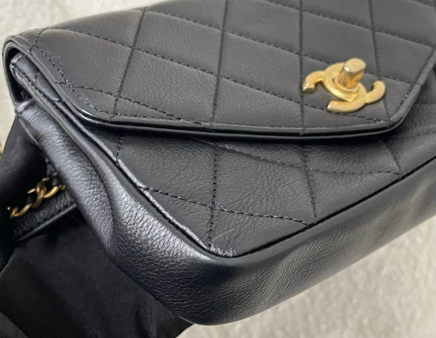 Chanel Diamond Calfskin Waist Bag Crossbody Black Gold Used Women Classic