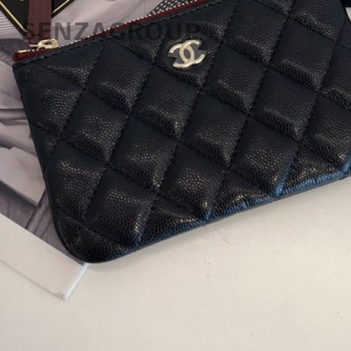 Chanel Classic Flap Calfskin Leather Zipper Wallet Black Gold Women Designer