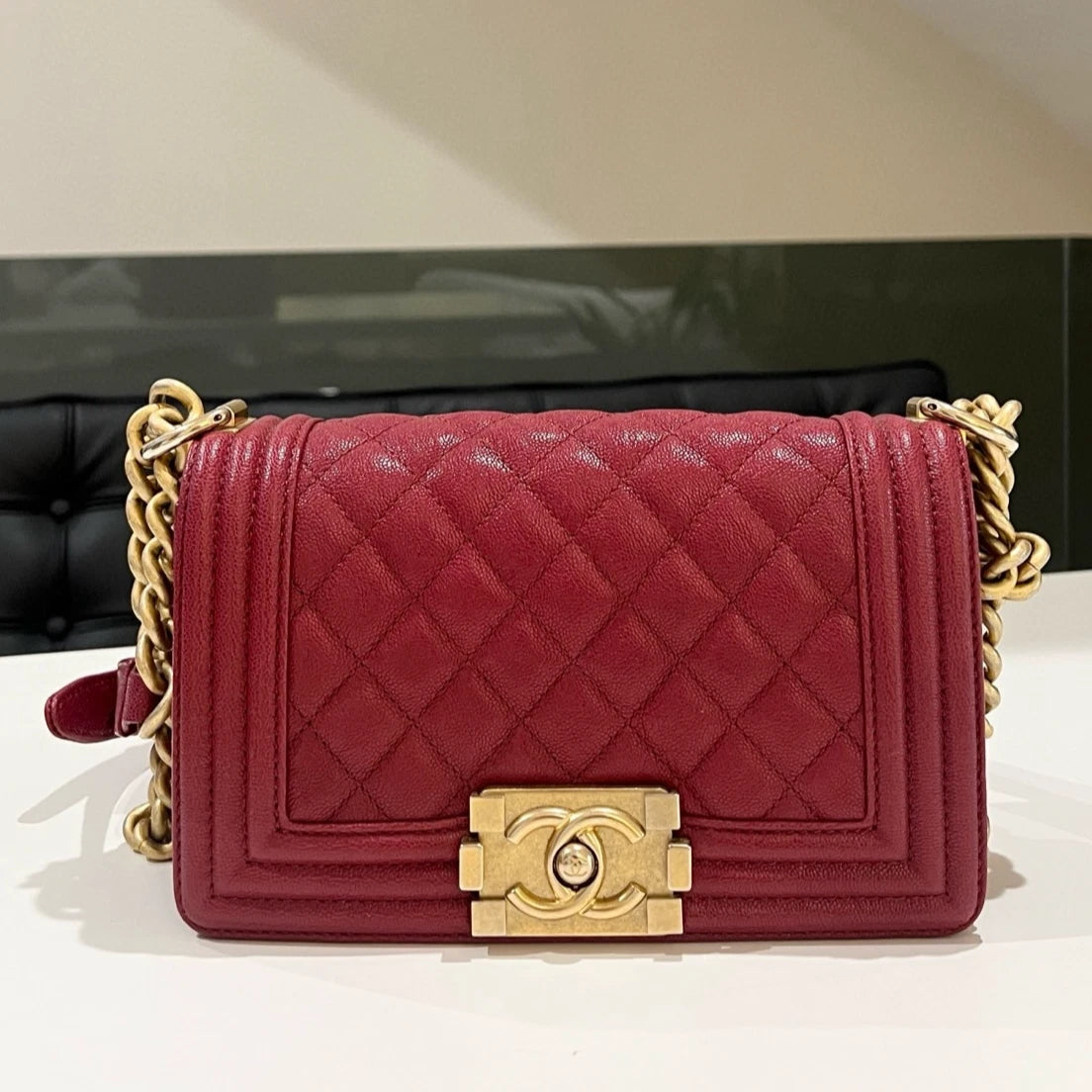 Chanel Le Boy Small Red Gold Chevron Quilted Chain Shoulder Bag
