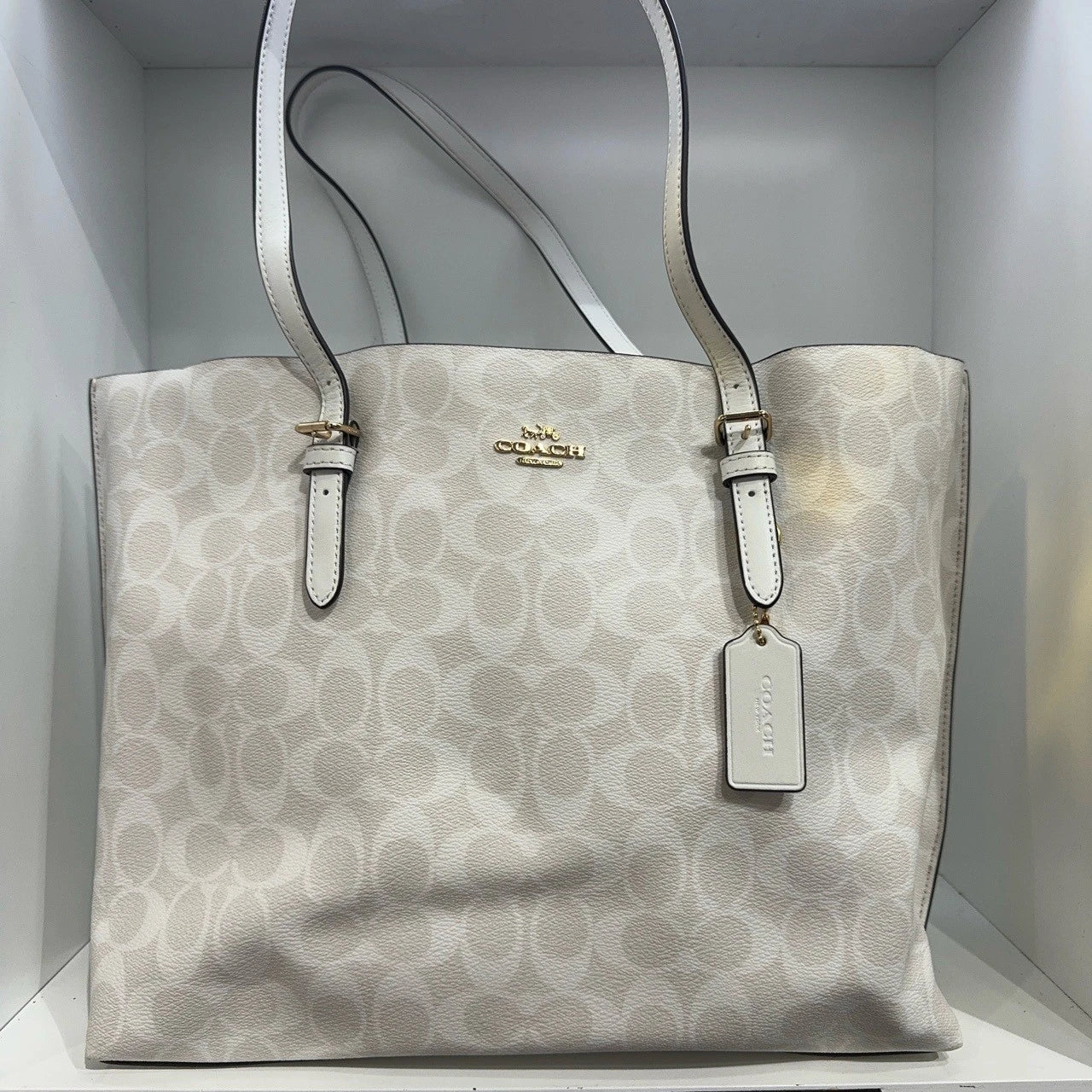 COACH Mollie 34 Logo Canvas Tote Shoulder Handbag for Women White