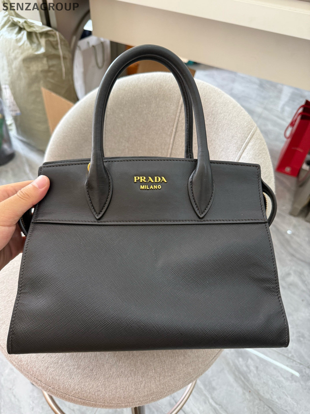 Prada Black Gold Small 2Way Zip Tote Shoulder Bag Classic Women