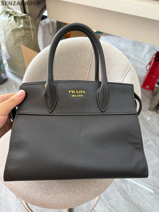 Prada Black Gold Small 2Way Zip Tote Shoulder Bag Classic Women