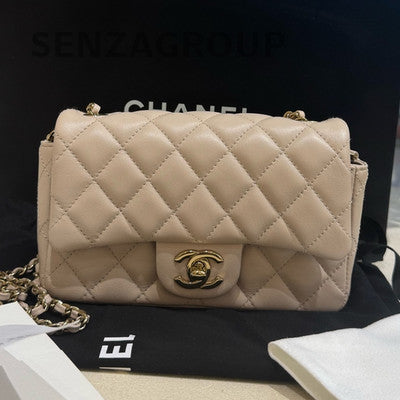 Chanel Classic Flap Mini Beige Quilted Chain Crossbody Bag Gold Hardware