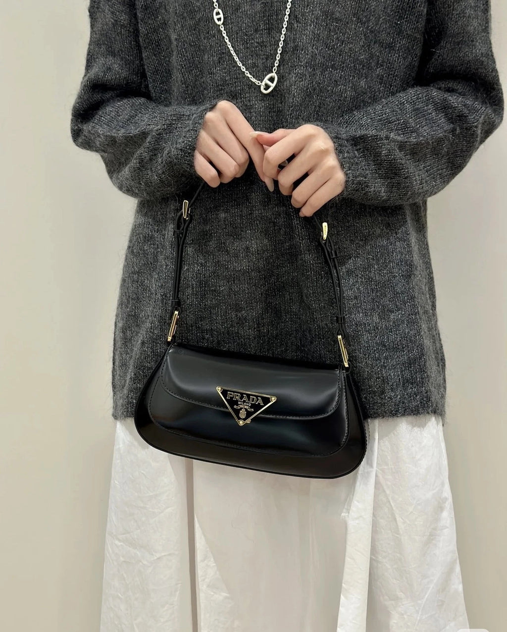 PRADA Black Leather Baguette Shoulder Crossbody Handbag For Women