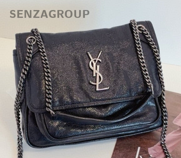 Saint Laurent Niki PM Calfskin Chain Shoulder Bag Black Silver Women Classic