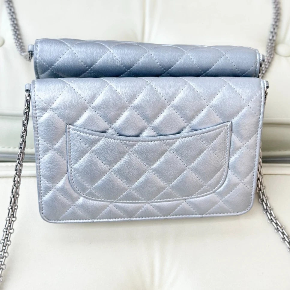 Chanel 2.55 WOC Calfskin Chain Shoulder Bag Crossbody Silver Diamond Women S