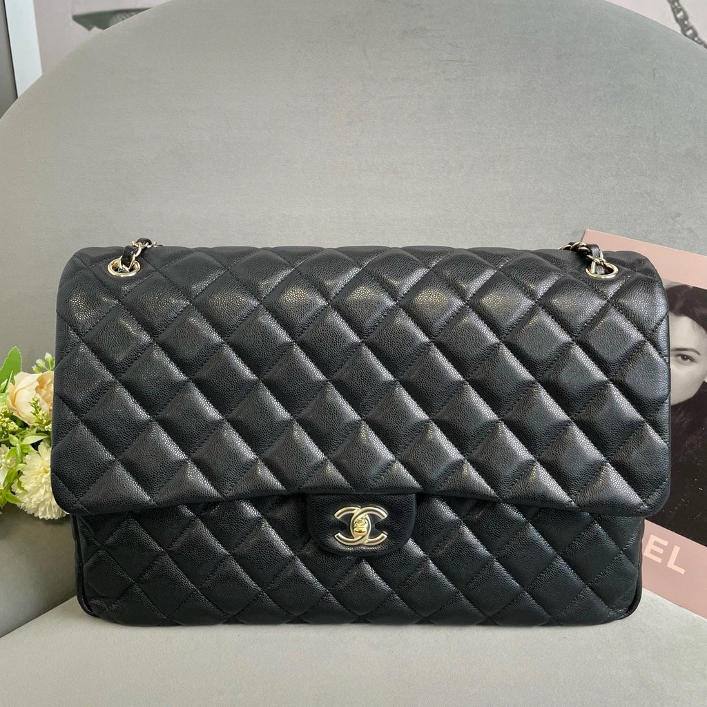 CHANEL Maxi Airport Tote Bag Black Gold Leather For Women