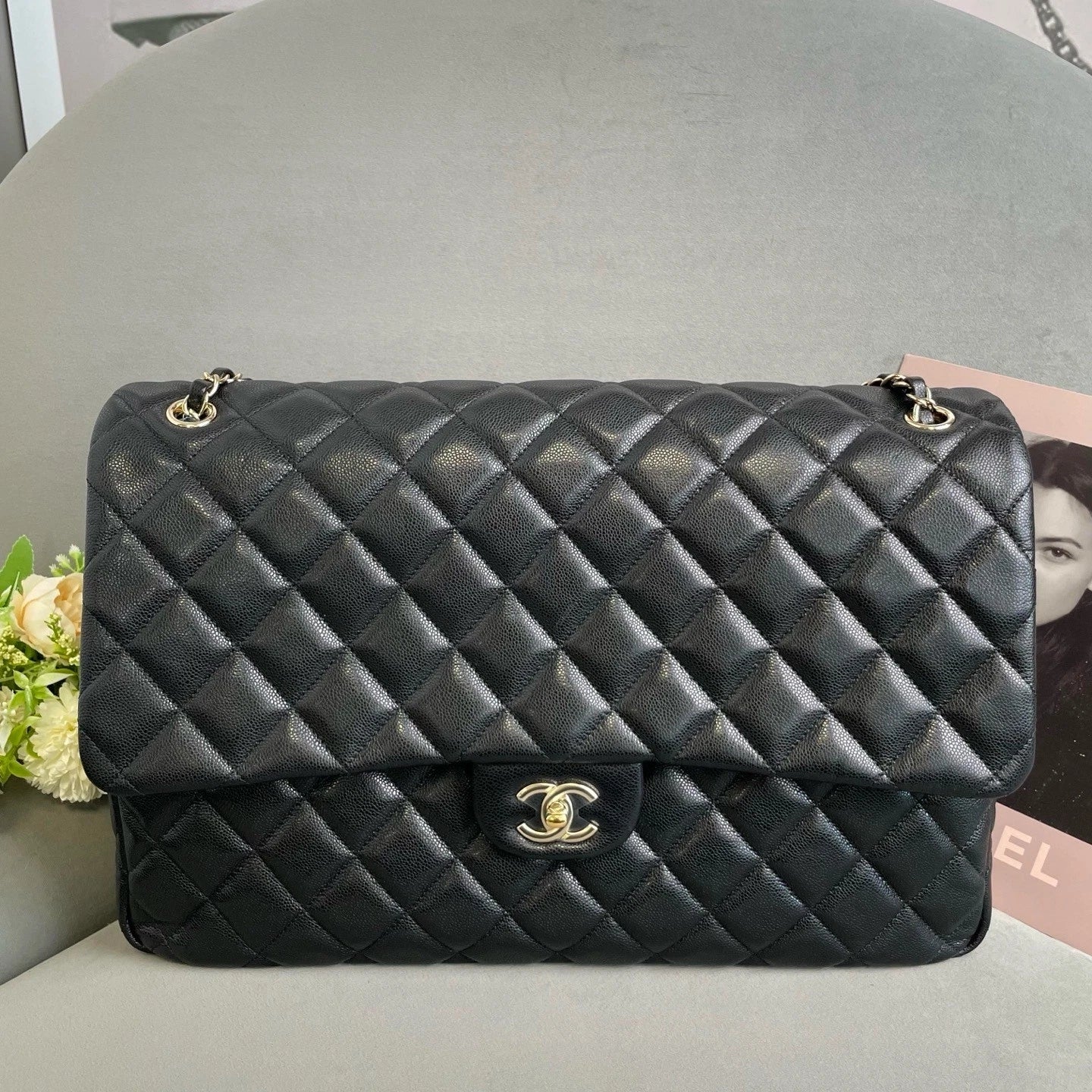 CHANEL Maxi Airport Tote Bag Black Gold Leather For Women