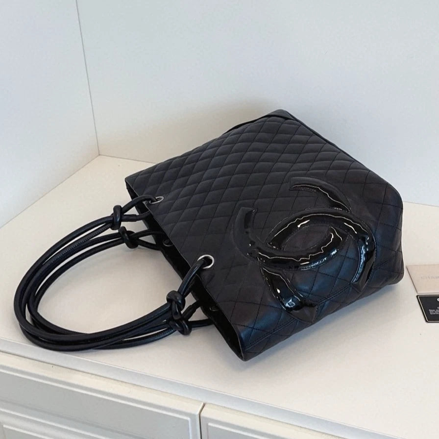 Chanel Cambon GM Tote Soblack Top Handle Bag Diamond Women Classic