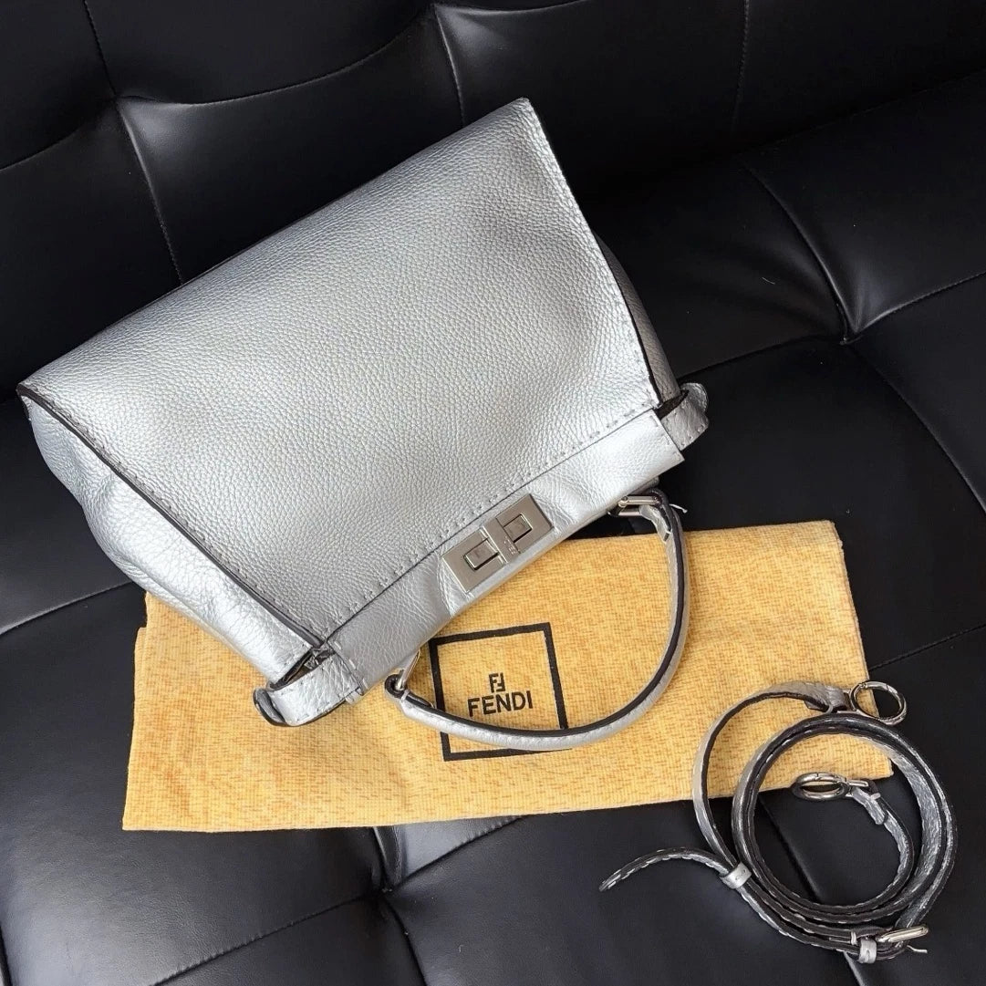 Authentic Fendi Peekaboo Calfskin Top Handle Crossbody Bag Silver SHD