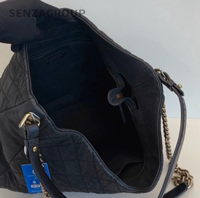 Chanel Diamond Hobo Top Handle Bag Chain Shoulder Bag Black Gold Women Classic
