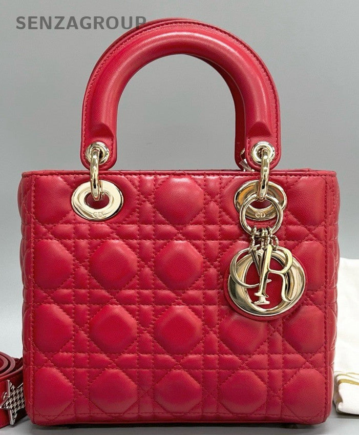 Christian Dior Lady Dior 2Way Crossbody Shoulder Bag Red Gold Women Classic