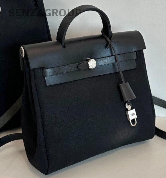 Hermes Herbag Canvas Backpack Black Silver Used Women Classic Vintage
