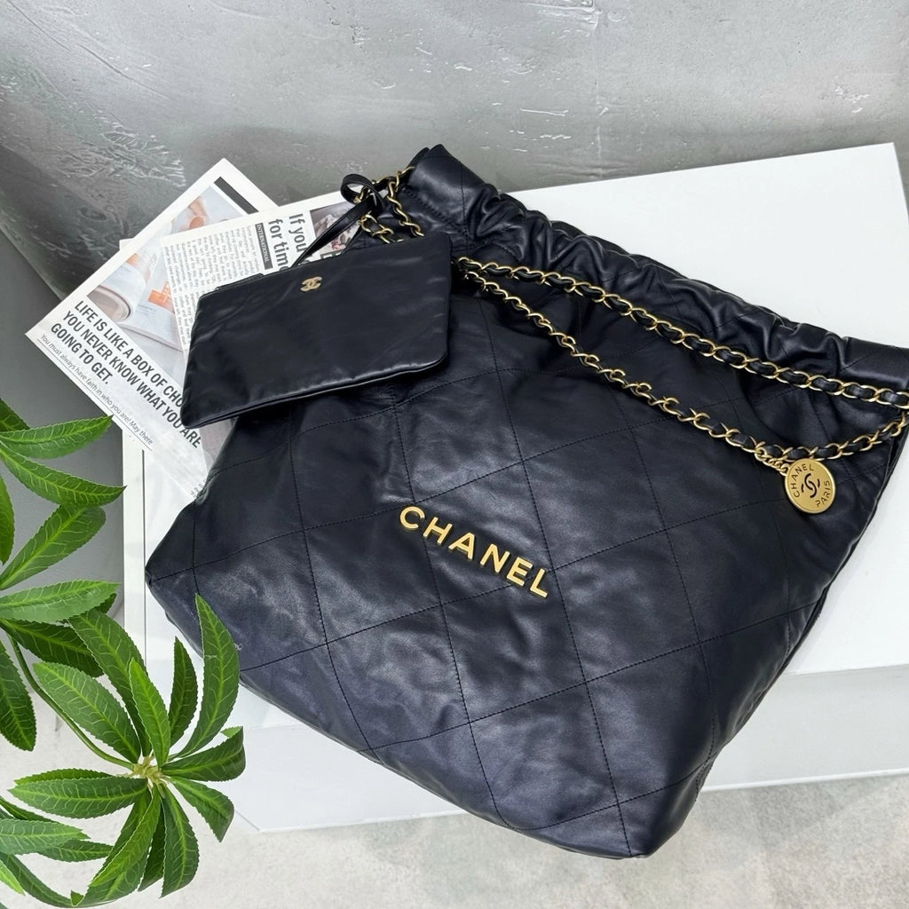 CHANEL 22Bag Black Gold Large Tote Shoulder Bag For Women