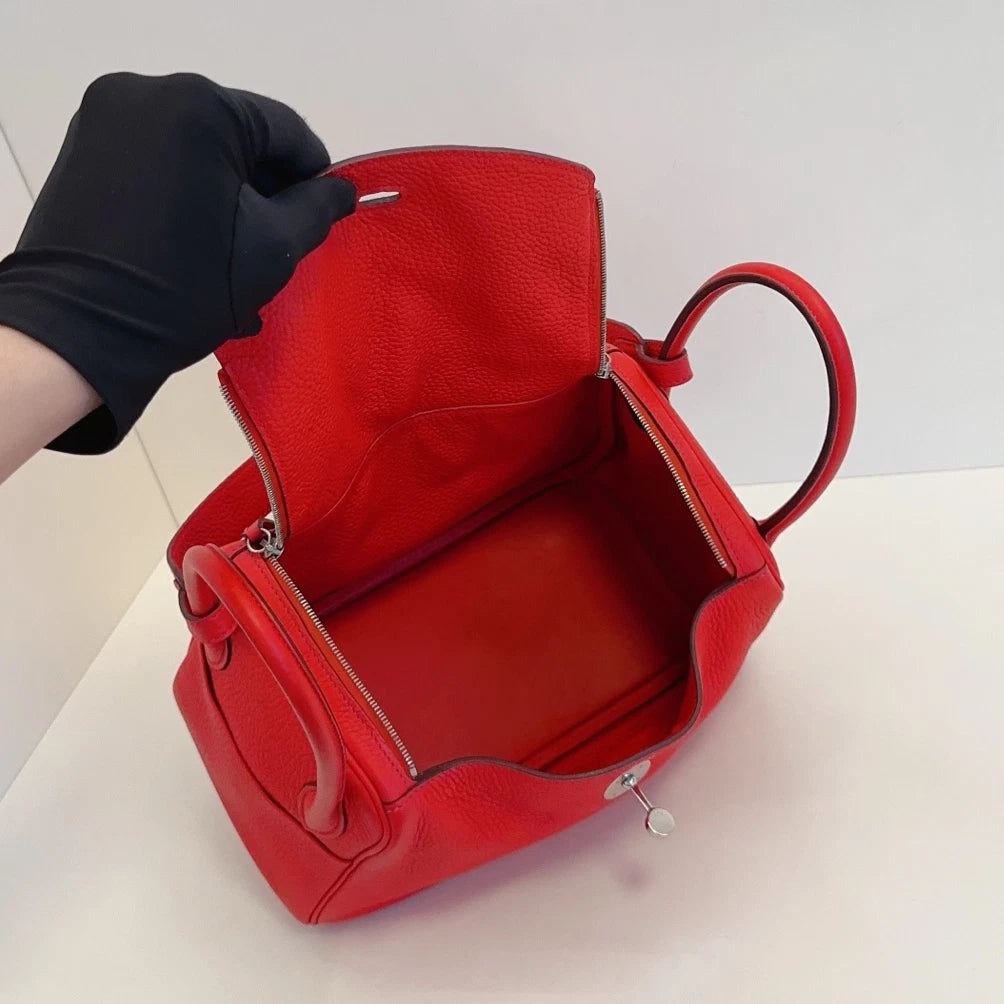 Hermes Lindy26 Top Handle Shoulder Bag Red Silver Women Classic Fashion