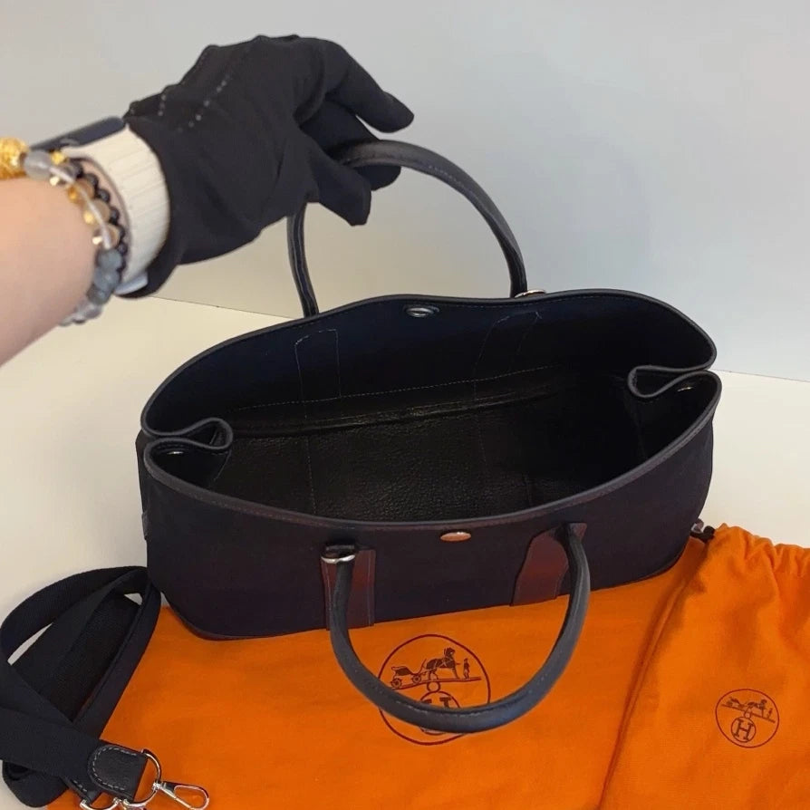 Hermes Garden Party30 Tote Canvas Top Handle Bag Black Silver Women Classic