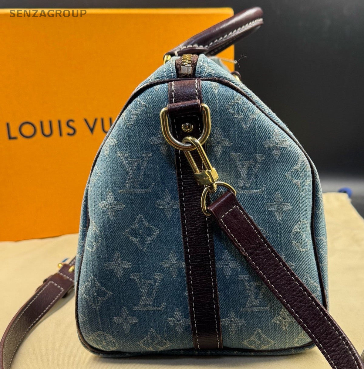 Louis Vuitton Speedy Denim Monogram Top Handle Bag Crossbody Blue Women Vintage
