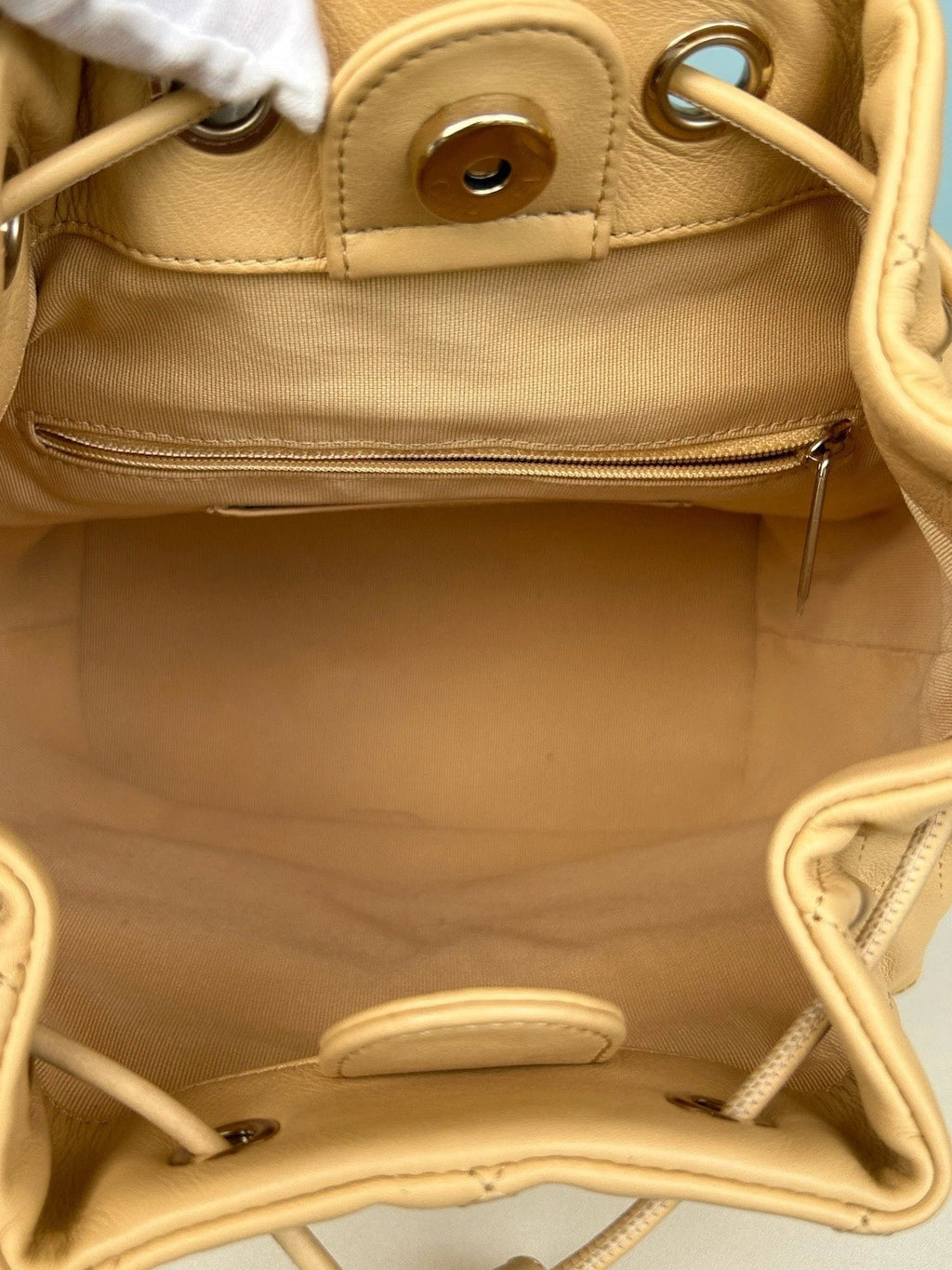 Chanel Diamond Chain Drawstring Backpack Beige Gold Used Women Classic