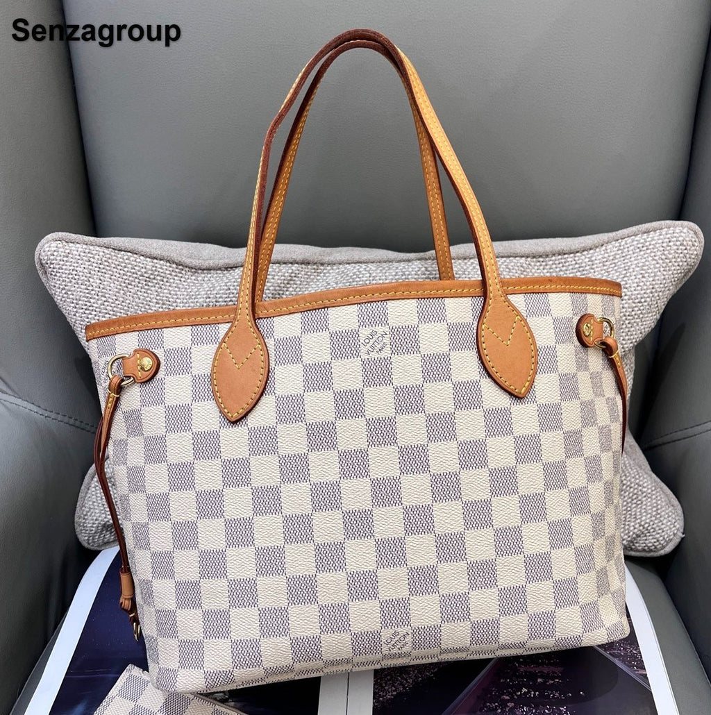 Louis Vuitton Neverfull PM Damier Ebene Shoulder Bag White Gold Women Classic