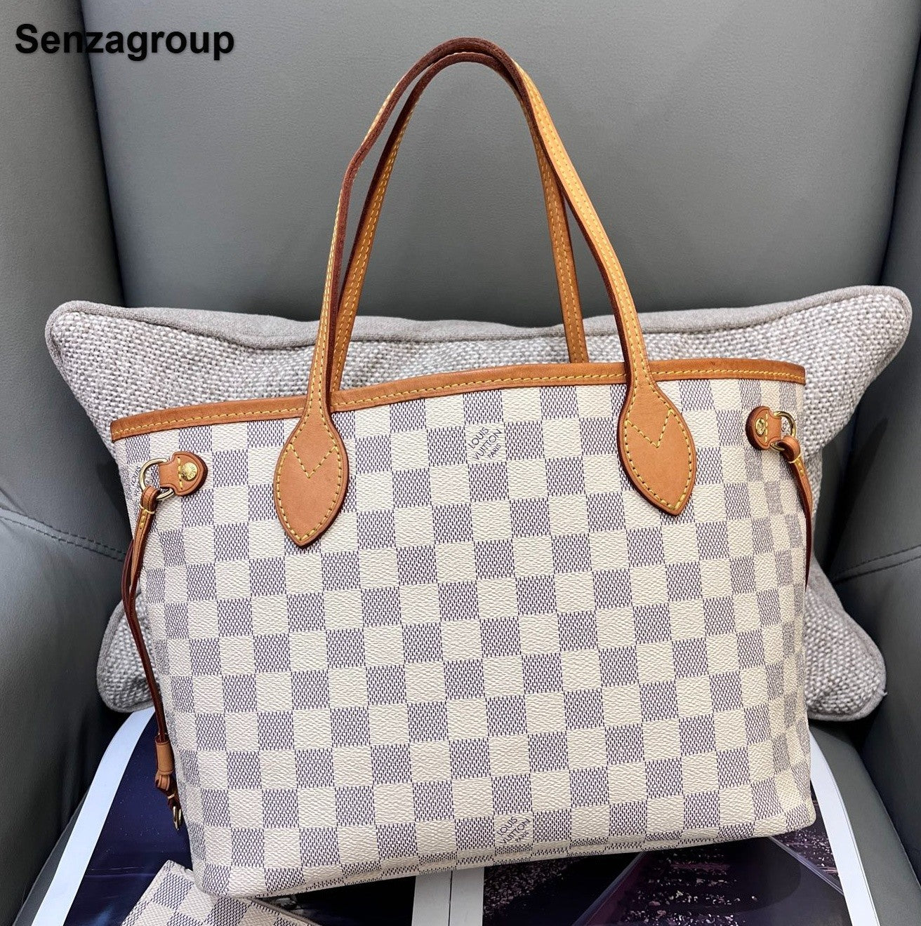Louis Vuitton Neverfull PM Damier Ebene Shoulder Bag White Gold Women Classic