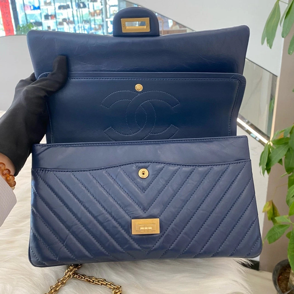 Chanel 2.55 Medium Flap Bag Blue Gold Chevron Classic Women's