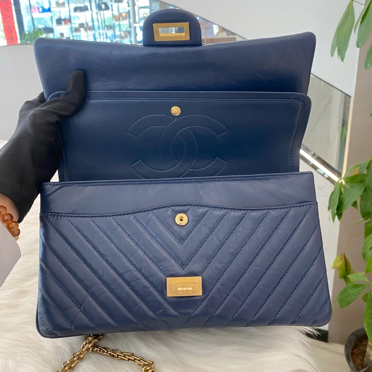 Chanel 2.55 Medium Flap Bag Blue Gold Chevron Classic Women's