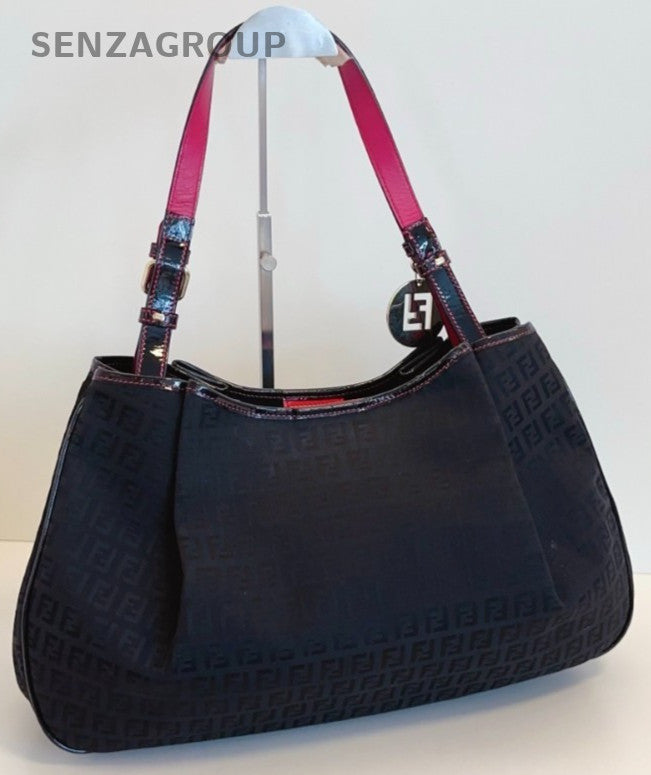 Fendi Classic Monogram Logo Shoulder Handbag Black Canvas