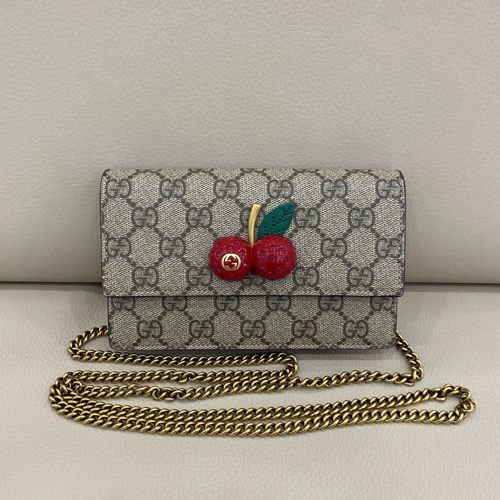 Gucci Canvas Cherry Pattern Chain WOC Crossbody Bag For Women