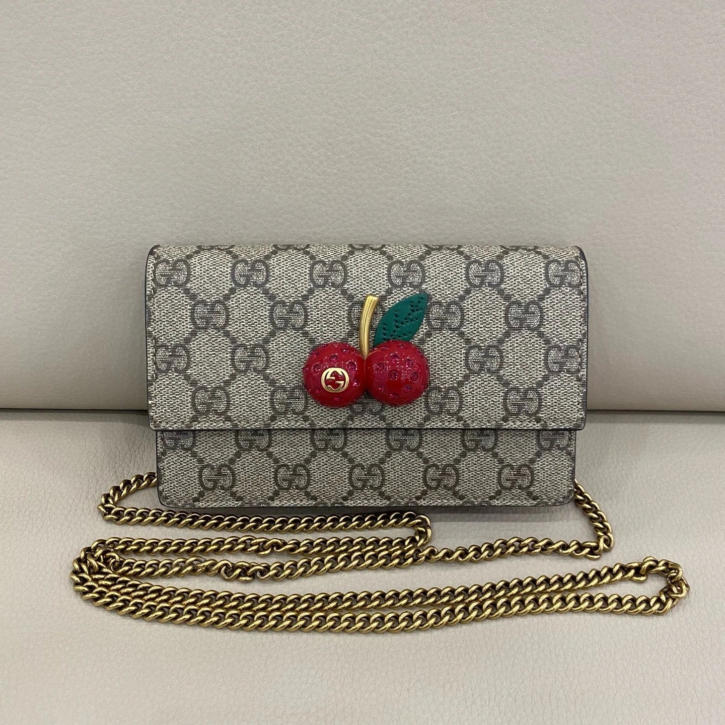 Gucci Canvas Cherry Pattern Chain WOC Crossbody Bag For Women