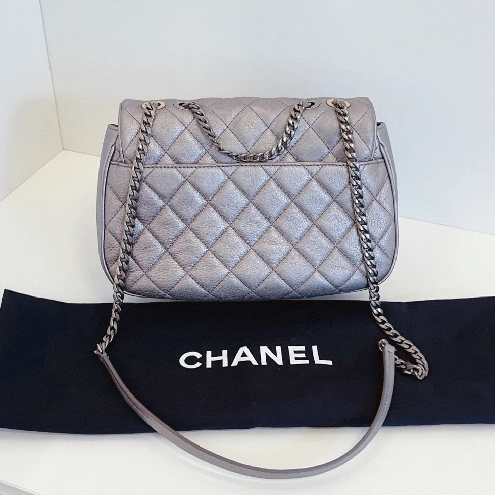 Chanel Diamond Saddle Chain Shoulder Crossbody Silver Women Classic