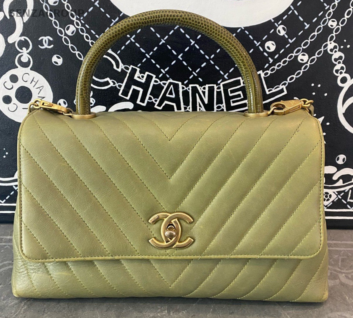 Chanel Cocohandle MM Top Handle Bag Chain Crossbody Green Gold Women Classic