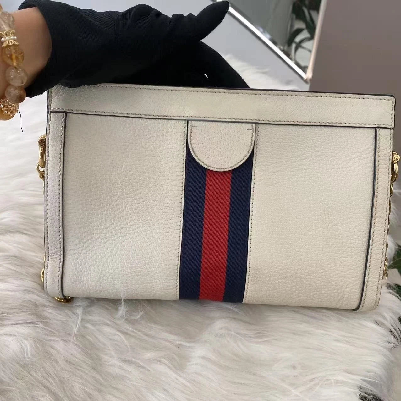 Gucci Small Chain Shoulder Bag White Gold Hardware Classic Women's