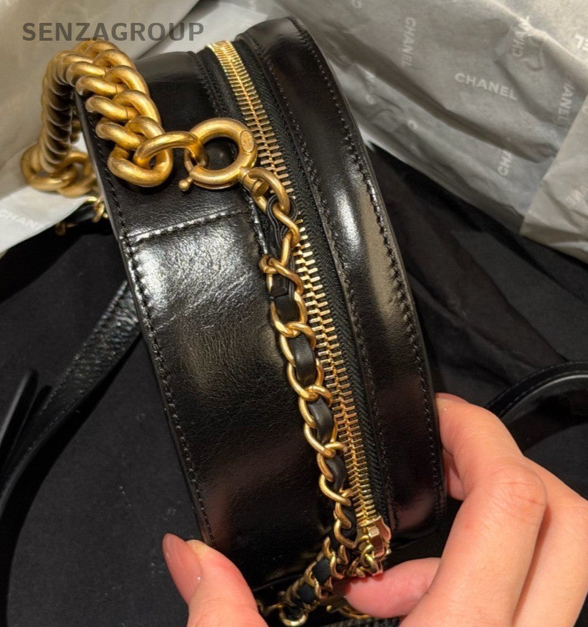 Chanel CC Logo Calfskin Chain Top Handle Bag Crossbody Black Gold Women Classic
