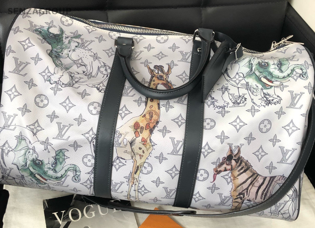 Louis Vuitton Keepall Monogram Luggage Top Handle Bag White Silver Women Classic