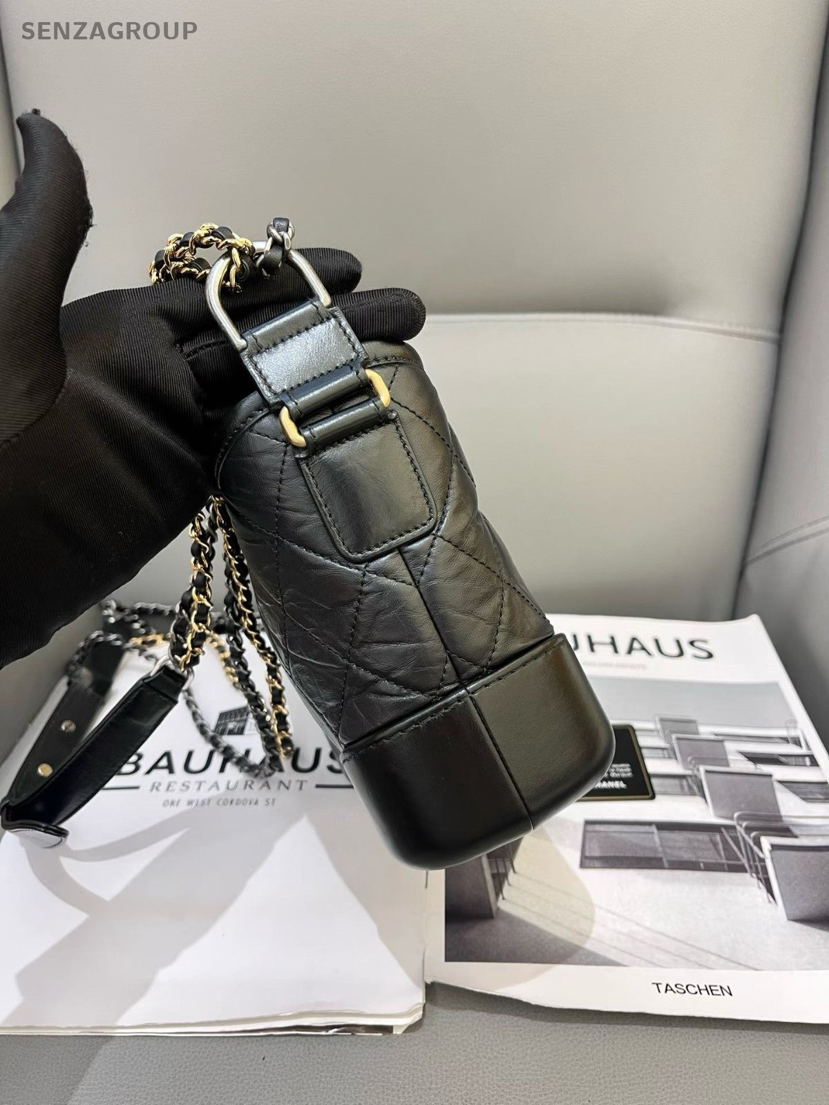 CHANEL Gabrielle PM Diamond Pattern Chain Shoulder bag Black Silver Women