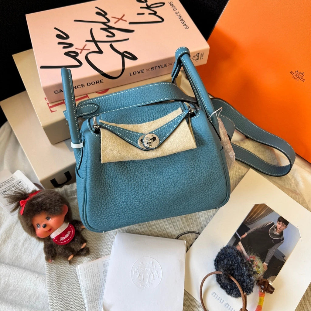 Hermes Mini Lindy Denim Blue Silver Crossbody Bag For Women