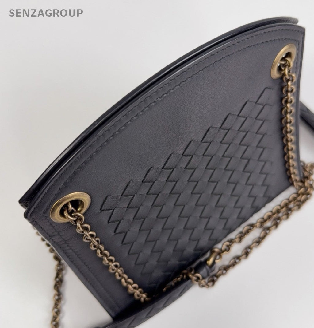 Bottega Veneta Woven Chain Shoulder Bag Crossbody Black Gold Women Classic