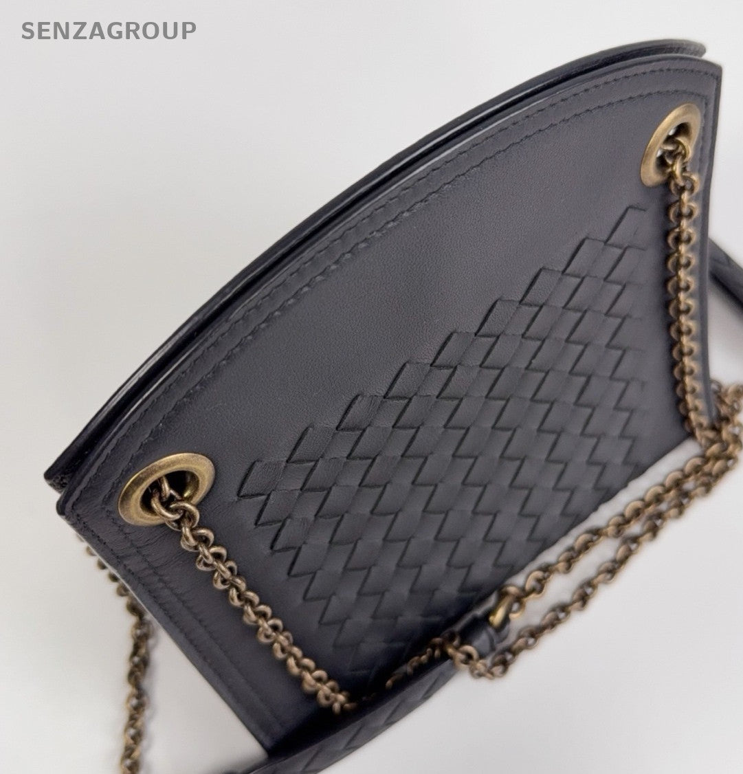 Bottega Veneta Woven Chain Shoulder Bag Crossbody Black Gold Women Classic