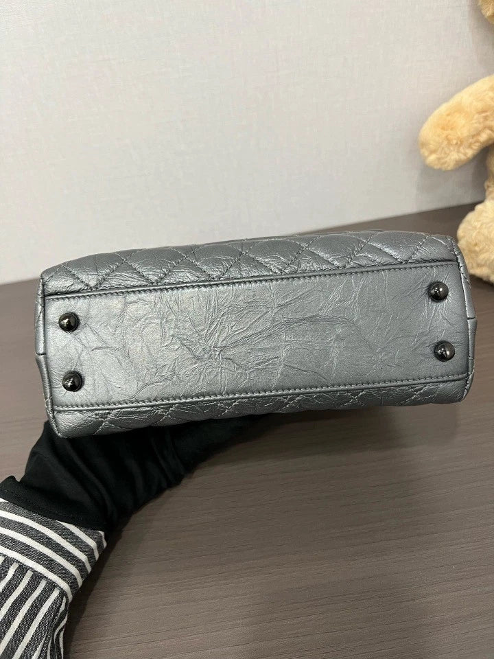 Authentic CHANEL Silver Gray Coco Handle Small Handbag For Women