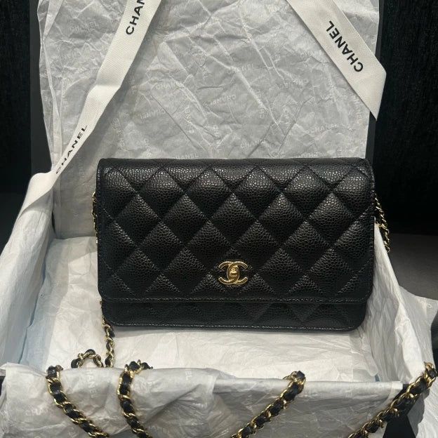 Chanel WOC Diamond Chain Shoulder Bag Crossbody Black Gold Women Classic D