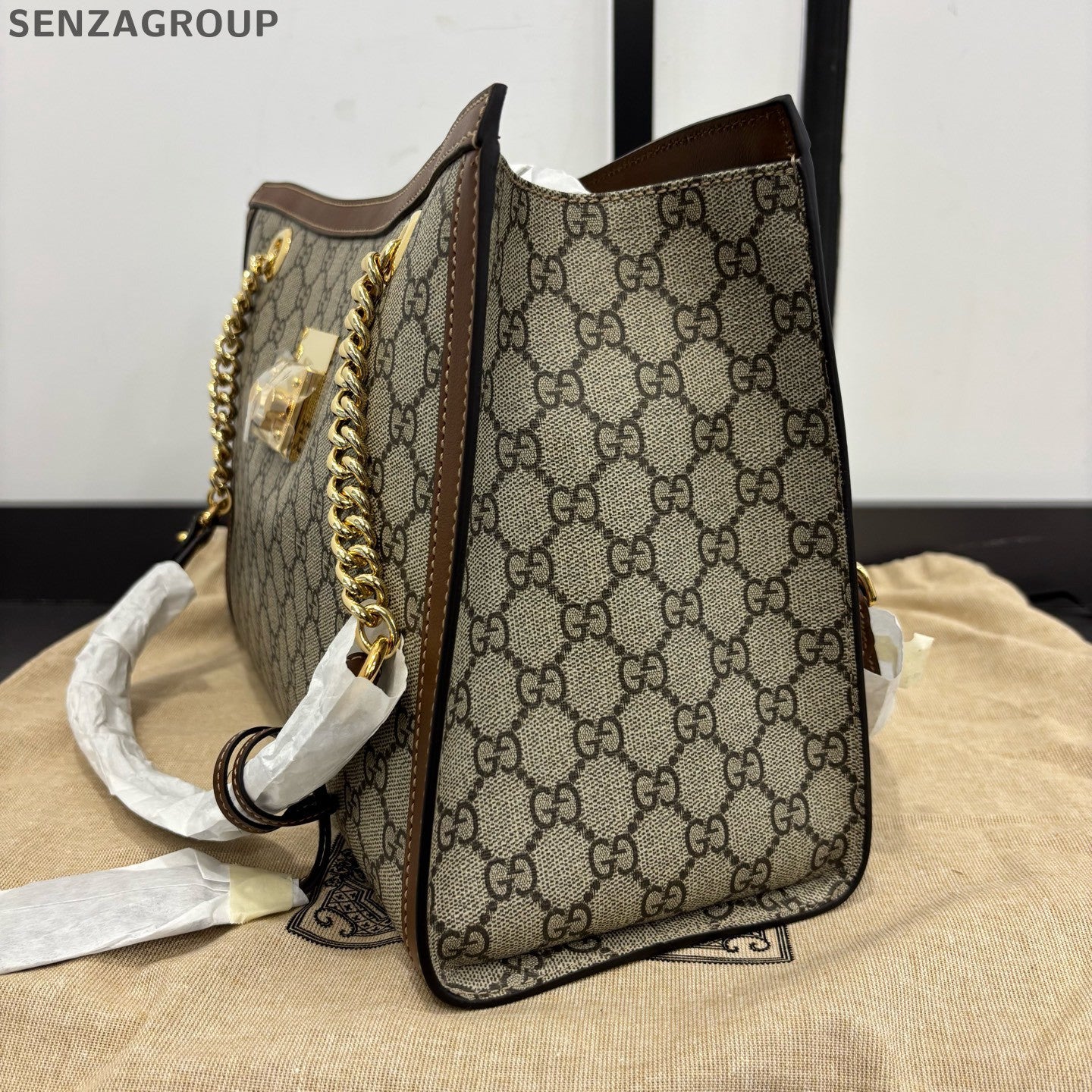 Gucci GG Padlock Shoulder Bag Brown Canvas Chain Strap Women