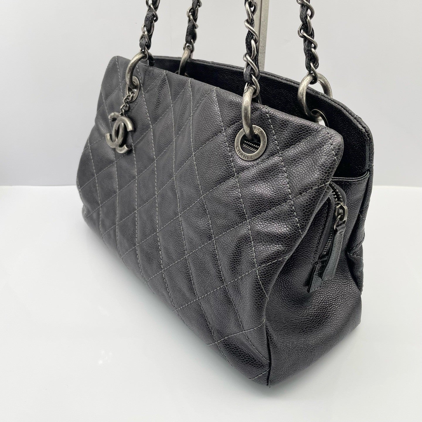 Chanel Tote Diamond Chain Shoulder Bag Black Silver Women Classic