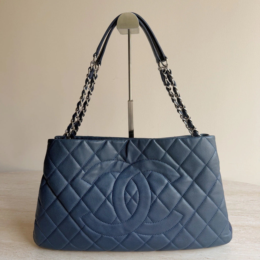 Chanel CC Logo Diamond Calfskin Leather Tote Navy Silver Chain Shoulder Bag