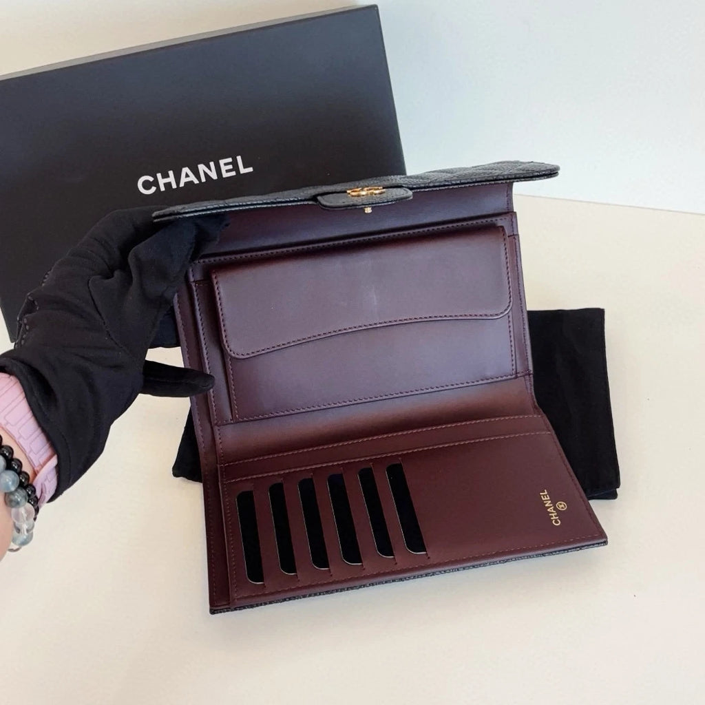 Chanel Classic Flap Long Wallet Diamond Black Gold Used Women