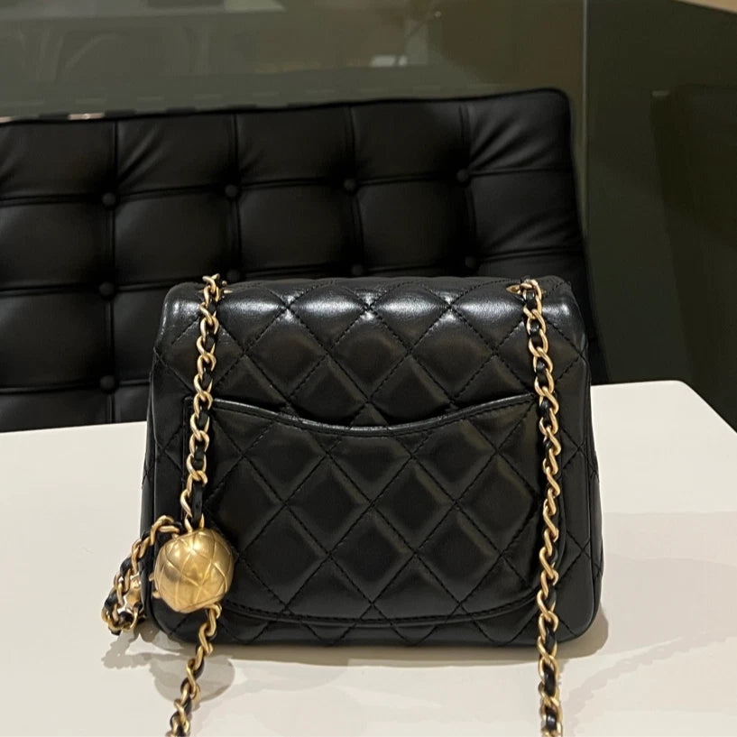 CHANEL Black Lambskin Gold Ball Mini Square Crossbody Bag For Women