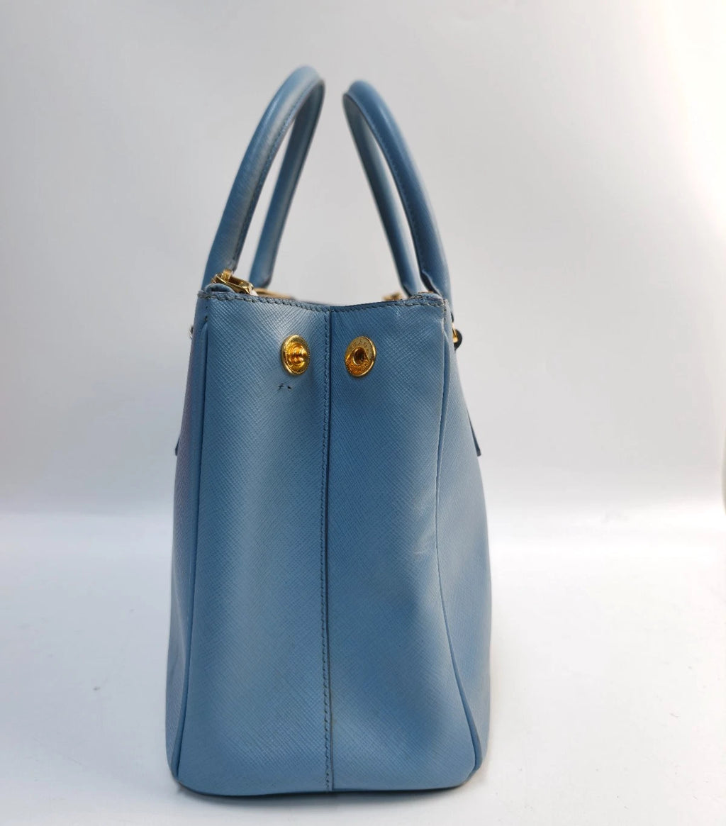 Prada Galleria 2Way Top Handle Bag Crossbody Blue Gold Used Women Classic