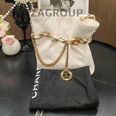 Chanel Coin Bucket Quilted Chain Shoulder Bag in White Gold
