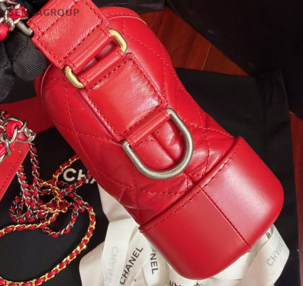 Chanel Gabrielle Calfskin PM Chain Shoulder Bag Crossbody Red Gold Diamond Women