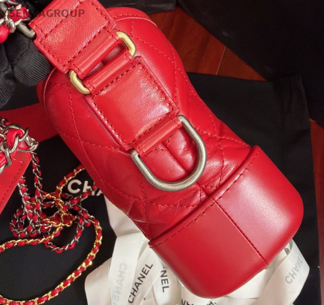 Chanel Gabrielle Calfskin PM Chain Shoulder Bag Crossbody Red Gold Diamond Women