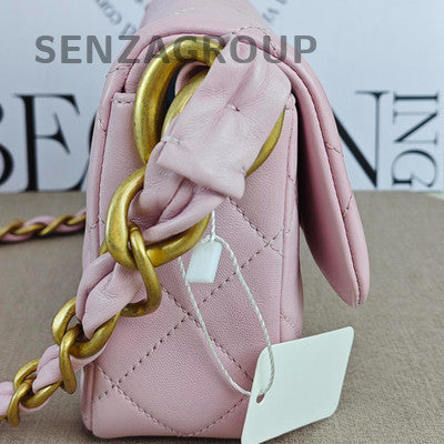Chanel 24S Light Pink Gold Chain Hobo Shoulder Bag Quilted Pattern